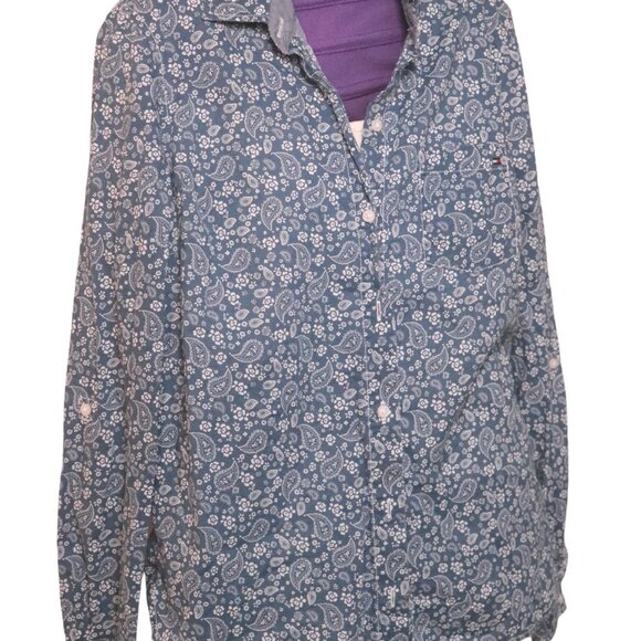 🎊3 FOR $10 TOMMY HILLFIGER WOMENS SMALL BLUE AND WHITE FLORAL BUTTON DOWN SHIRT - Picture 1 of 1